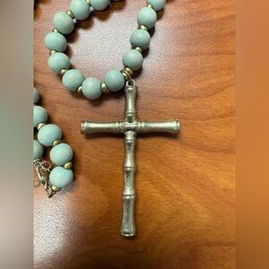 Bamboo-Inspired gold and Teal Beaded Necklace